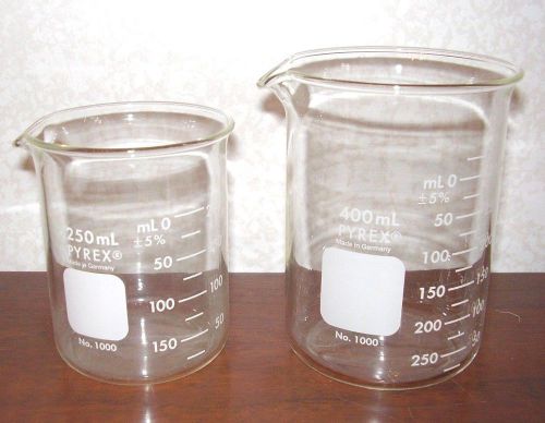 2 PYREX No. 1000 graduated glass beakers 450ml &amp; 200ml borosilicate Germany made