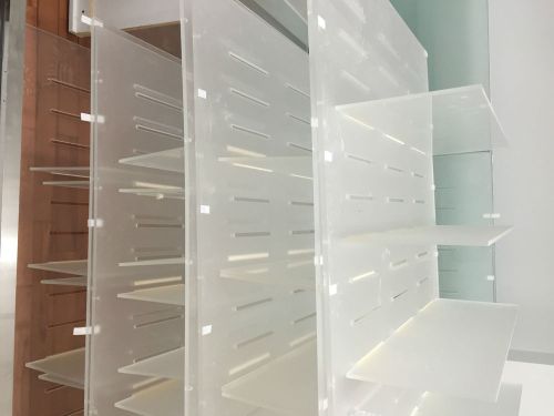 Modern Acrylic Showroom / Store Displays with shelves, custom made in NYC