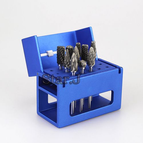 10pcs dental tungsten steel hp bur polishers drills + holder block case w/ ruler for sale