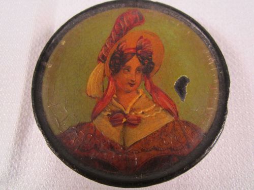 Antique Victorian Small Wooden  BOX with Picture of Lady in Hat