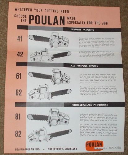 Original 1960&#039;s Poulan Chain Saw Sales Brochure Models 41 42 61 62 81 82