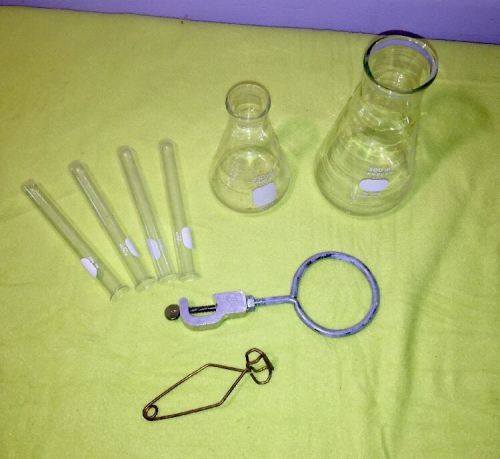 Lot Chemistry Lab Glass Pyrex Flasks,Test Tubes,Glassware , Burner,hardware,med.
