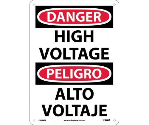 Nmc esd49rb safety sign - &#034;danger high voltage&#034; w/ spanish text 14&#034;x10&#034; plastic for sale