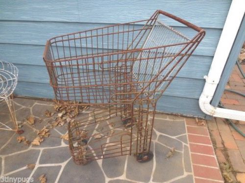 Vtg Antique Metal Wire Grocery Store Shopping Cart Basket Old Green Paint