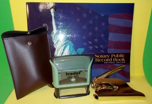 Notary Record Book + Handheld Chrome Embosser &amp; Pouch + Trodat 4915 Ink Stamper