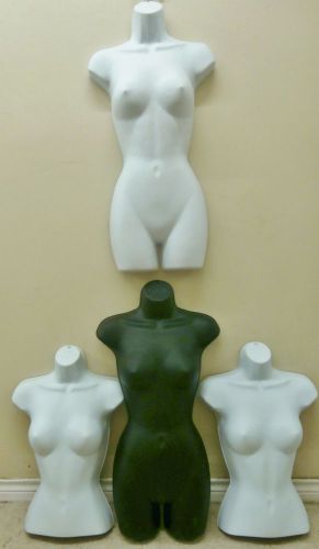 4 PLASTIC FEMALE HANGING 1/2 AND 3/4 BODY MANNEQUINS FORMS - WHITE &amp; BLACK