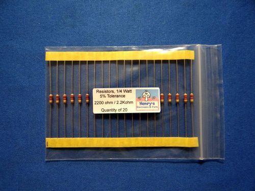 Resistors, carbon film, 1/4 watt, 5%, axial leaded, 2200 Ohm - QTY of 20