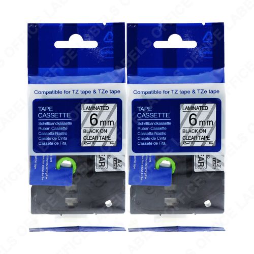 2 TZe-111 Black on Clear BROTHER P-Touch Compatible Tape 1/4&#034; x 26&#039; / 6mm x 8m