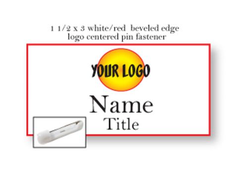 1 WHITE RED NAME BADGE COLOR LOGO CENTERED 2 LINES OF IMPRINT PIN FASTENER