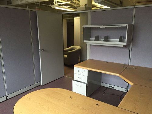 STEELCASE OFFICE CUBICLES WITH CHAIR AND FILE CABINET USED