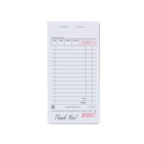 Royal white guest check paper 1 part booked, case of 100 books, gc1200-1 for sale