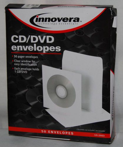 50 Paper Sleeve Envelope for CD DVD Disc White w Clear Window and Flap Innovera