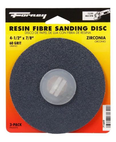3-Pack ~Forney~ 71649 Resin Fibre Sanding Disc Zirconia 60 Grit 4-1/2&#034;x 7/8&#034; NEW