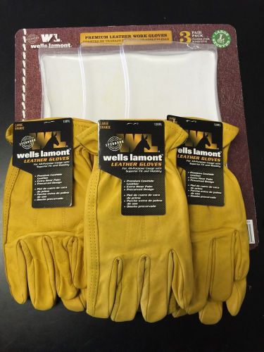 New Wells Lamont Premium Leather Work Gloves Size Large 1209L 3 Pair Pack
