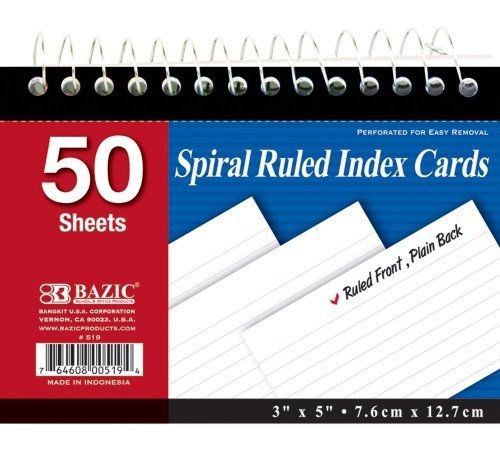 Bazic BAZIC 50 Ct. Spiral Bound 3&#034; X 5&#034; Ruled White Index Card (Case of 36)