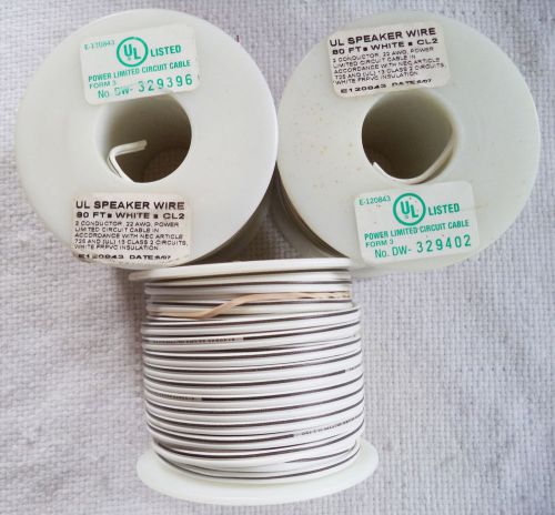 (3) NOS 80 Foot Spools White UL Speaker Wire 2-Conductor 22 awg PVC Insulation