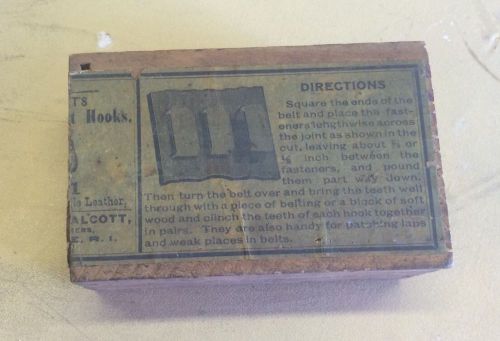 VINTAGE WOODEN BOX OF ACME NO. 161 STEEL BELT HOOKS