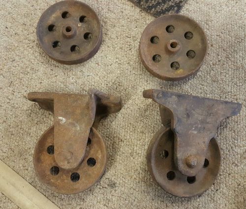 Set of 4 early vtg. 4 1/2 matching bond cast iron industrial caster cart wheels for sale