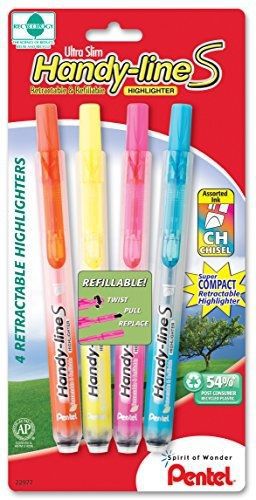 Pentel Handy-line S Retractable Highlighter, Chisel Tip, Assorted Ink Colors, 4