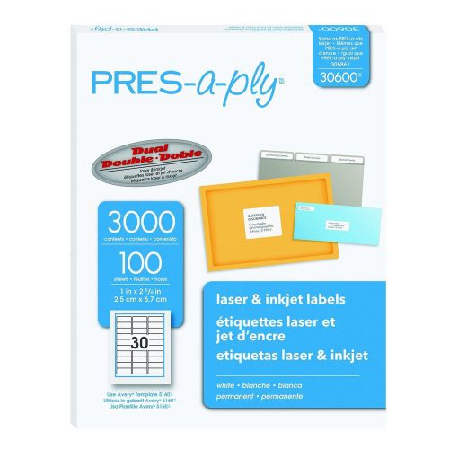 Pres-A-Ply Laser Address Labels 1 x 2-5/8 White 3000/Box 1 Count