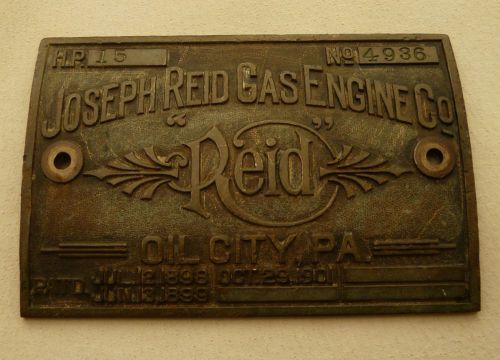 Vintage JOSEPH REID GAS ENGINE CO. c.1901 15HP Bronze Nameplate