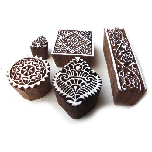 Hand Carved Square and Border Pattern Wood Block Print Stamps (Set of 5)
