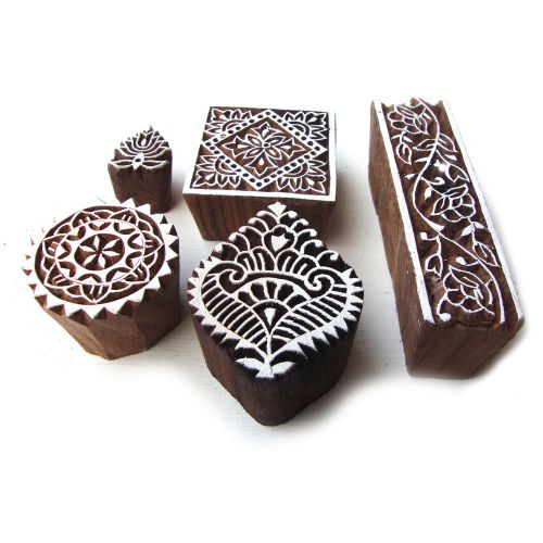 Hand carved square and border pattern wood block print stamps (set of 5) for sale