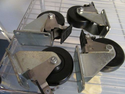 Set of 4 Wheel Casters w/ Brakes Black &amp; Silver 4 inch Wheels NO SWIVEL