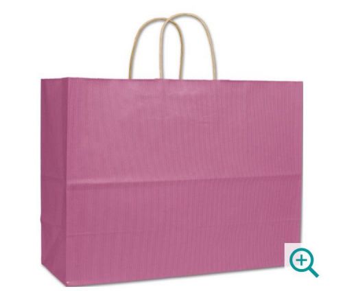 16 X 6 X12 1/2 Varnish Cherise Stripe Pink Kraft Paper Shopper Bags- Lots Of 25