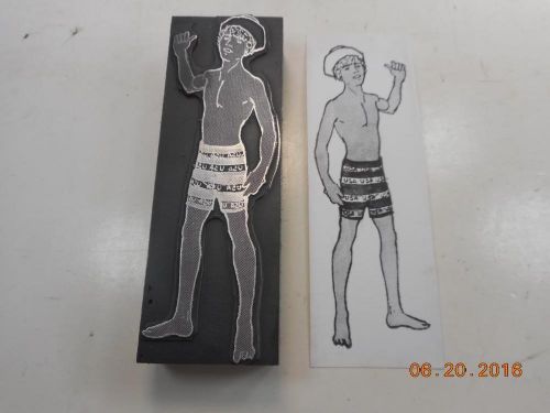 Letterpress Printing Block, Young Man in USA Swim Trunks &amp; Navy Sailor Hat