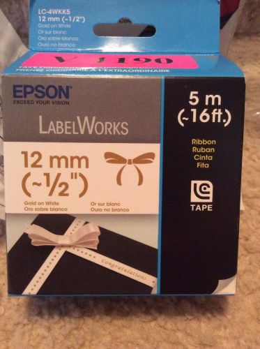 Epson LC-4WKK5 Label Works Tape 12mm (1/2&#034;) 5m (16&#039;) GOLD on WHITE New
