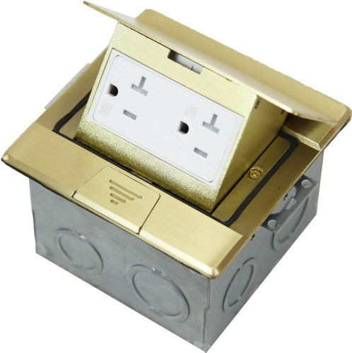 Ultra-Thin Duplex Receptacle Floor Box w/ Brass Pop-Up Square Assembly 20A TWR