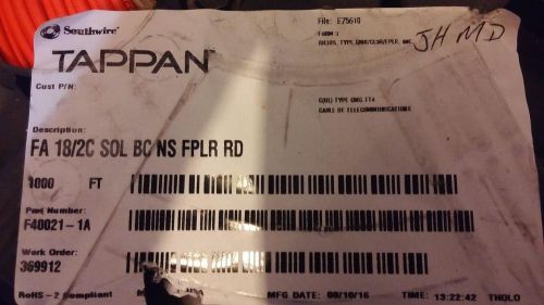 TAPPAN FA 18/2c SOL BC NS FPLR RED  18/2 FIRE WIRE 1000 FOOT REEL  FREE SHIPPING