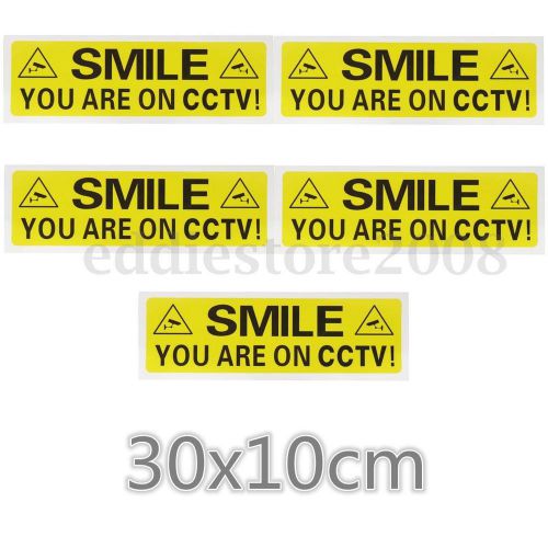 5pcs SMILE YOU ARE ON CCTV Self-adhensive Stickers Security Signs Decal 30x10cm