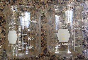 Pair Laboratory Kimax 250ml Low Form Griffin Beakers  Flask Scientific Glassware