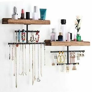 Keebofly Hanging Wall Mounted Jewelry Organizer with Rustic Wood Jewelry Hold...