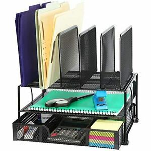 Mesh Desk Organizer with Sliding Drawer, Double Tray and 5 Upright Sections