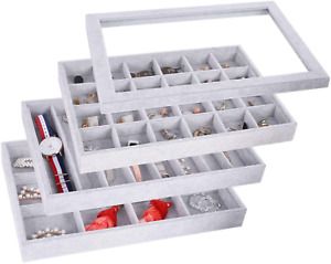 AUTOARK Ice Velvet Stackable Jewelry Tray Showcase Display Organizer,Glass Lid T