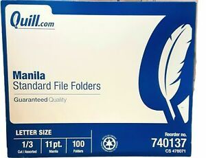 100: Manila Standard File Folders 1/3 Cut 11 pt. Quill  -  NEW in Box