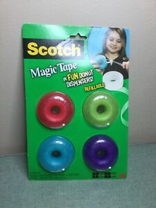 Set Of 4 Scotch 3M Magic Tape Donut Dispensers Refillable Blue Red Green Purple 