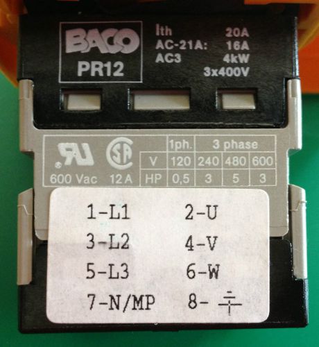 BACO Panel Mount Rotary 2 position On - Off Switch PR12 120 - 600VAC