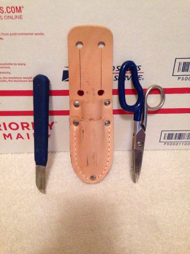 SPLICER KNIFE &amp; SCISSOR SET IN A LEATHER HOLDER - ITEMS ARE USED IN GOOD SHAPE