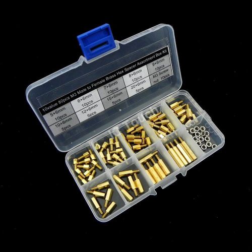 10value 80pcs m3 male to female brass hex spacer assortment box kit (#726) for sale