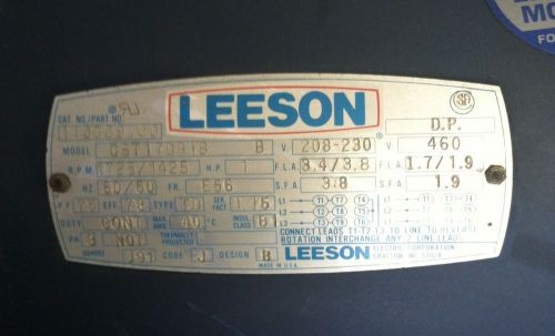 Leeson electric motor (c6t17db1, 1 hp, 56 frame, 1725rpm, 208-230/460v, dp for sale