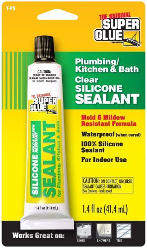 Super glue silicone sealer for plumbing, kitchen and bath, clear 1.4 oz.tube for sale