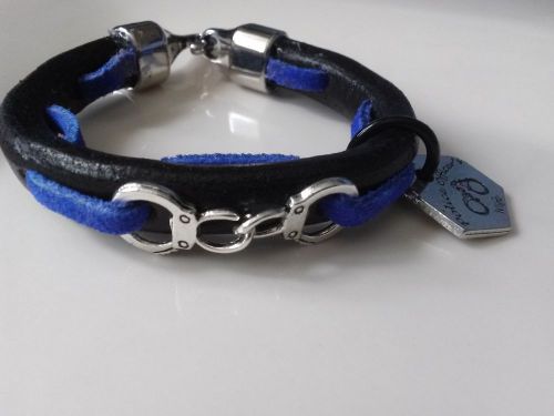 Thin Blue Line - Police Officers Wife; Black Leather Bracelet with Handcuffs