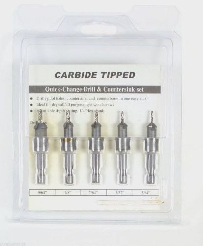 NEW 5pc. Carbide Tipped Quick-Change Drill &amp; Countersink Set