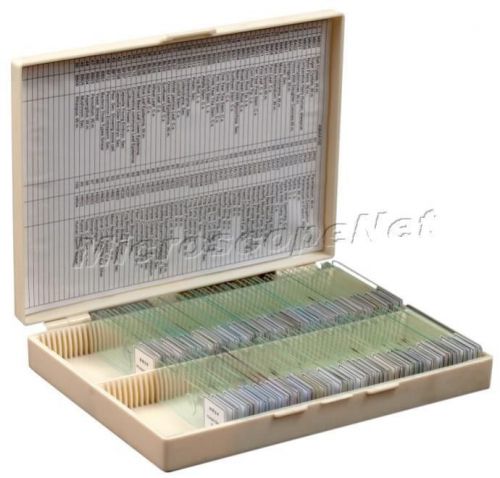 100 prepared basic science microscope slides in plastic box for sale