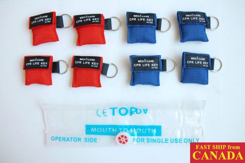8PCS CPR MASK FACE SHIELD in POUCH w/ KEY CHAIN, 1-way Valve, 2&#034;x 2&#034;, RED &amp; BLUE