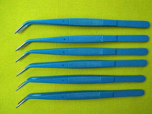 Lot of 6 pcs-college dental tweezer 6&#034; angled(blue coated)ear forceps veterinary for sale
